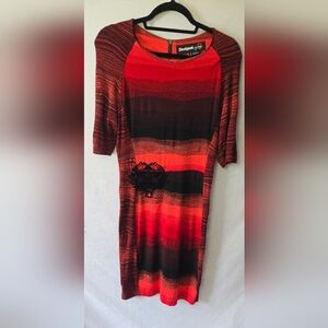 Desigual Red/Black Sheath Zip Up Knee Length Artsy Dress Womens M